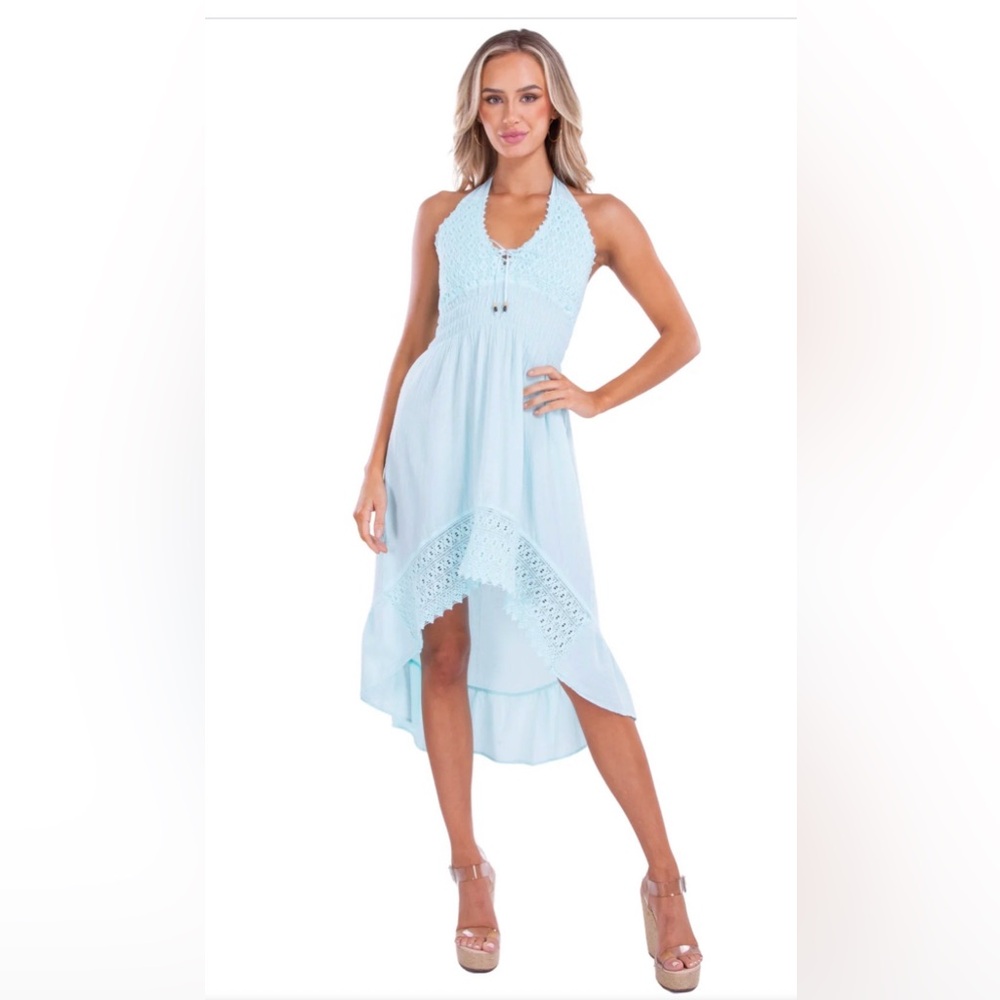 Cotton Natural Baby Blue Halter Dress – Hi-Low Lace Trim (Size Medium)